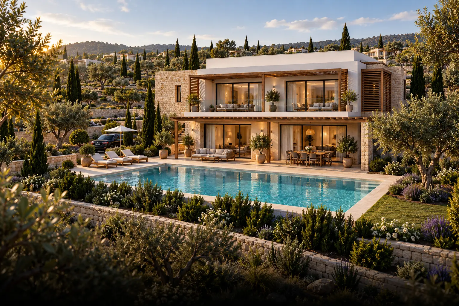 Olive Villas Greece villa with private pool among olive groves at sunset