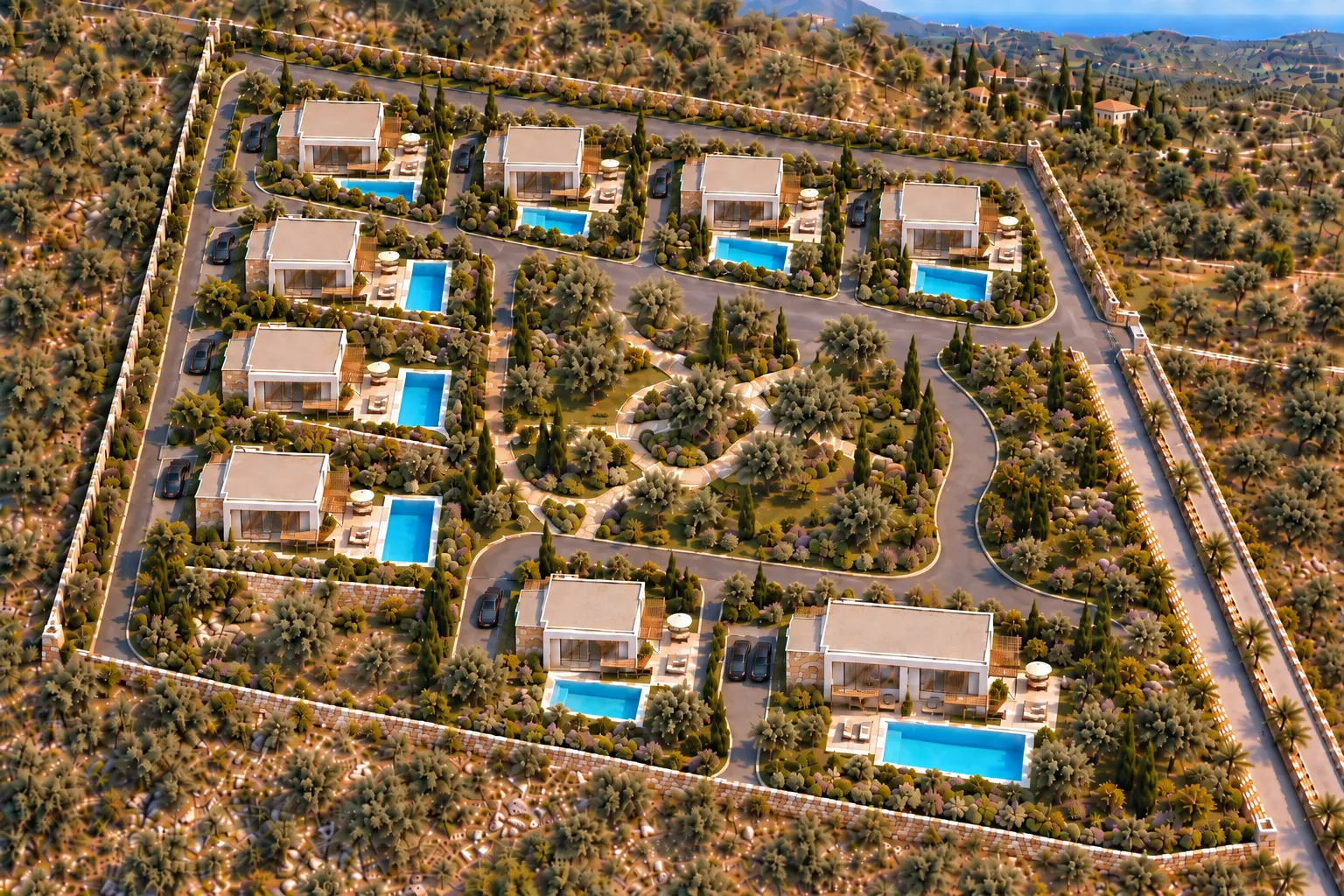 Aerial masterplan view of the Olive Villas Greece development